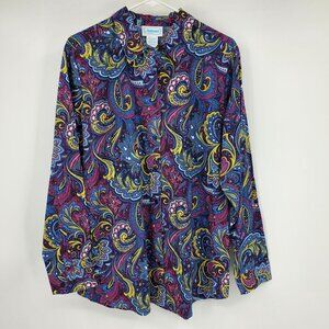 National Blue Paisley Print Multicolor‎ Women's Button Down Collared Shirt 1X